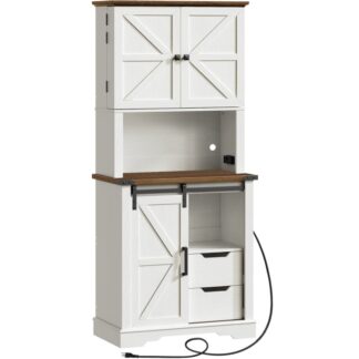 Gabinete de despensa de fazenda com estação de carregamento, despensa de cozinha com 2 gavetas & Porta de celeiro deslizante, gabinete de armazenamento de madeira alto, armário para sala de jantar na sala de estar, branco e