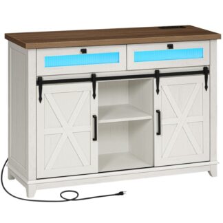 Farmhouse Buffet Schrank mit LED -Leuchten, 47" Kaffeebarkabinett mit Stromauslass, Sideboardschrank mit Schleifsterntüren, Küchenbuffet mit Buffet mit 2 Schubladen, Weiß und Walnuss