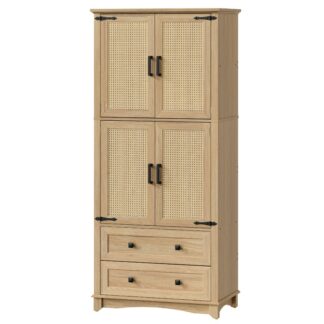 69.3" Tall Pantry Cabinet, Kitchen Storage Cabinet with Rattan Doors and 2 Drawers, Kitchen Pantry Cabinet, Standing Tall Cupboard for Kitchen, Dining Room, Living Room, Natural