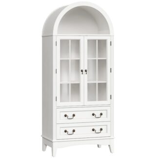 خزانة مخزن المطبخ المقوسة طويل القامة, خزانة تخزين خشبية بيضاء مع 2 أدراج كبيرة وأبواب زجاجية, أرفف قابلة للتعديل, مخزن الطعام, خزانة متعددة الاستخدامات للمطبخ, غرفة العشاء