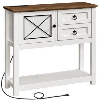 جدول وحدة التحكم في المزرعة مع 2 أدراج وخزانة, طاولة أريكة مع محطة شحن, طاولة المدخل الريفي مع التخزين, للدخول, المدخل, غرفة الجلوس, أريكة, أبيض و