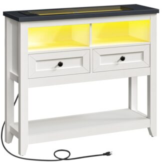 جدول مدخل المزرعة مع 2 أدراج, طاولة وحدة تحكم صغيرة مع منافذ الطاقة وشريط LED, خلف طاولة أريكة الأريكة مع رف التخزين, للدخول, المدخل, أبيض والحبر