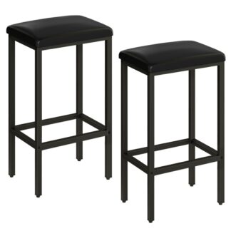 Барные стулья, Набор 2 Табуреты для завтрака с обивкой из ПУ, 2-Кусок барных стульев, 26.8-Высота в дюймах, Прямоугольные промышленные барные стулья, для столовой, Кухня, Счетчик-бар, Черный