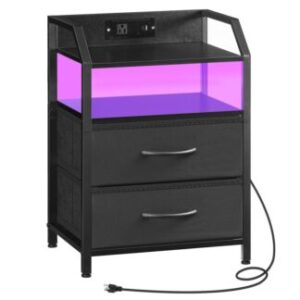 Black Nightstand with Charging Station, Bedside Table with 1 AC Outlet, 1 USB Port, and 1 Type-C Port, Night Stand with LED Light Strip and 2 Non-Woven Drawers, for Bedroom