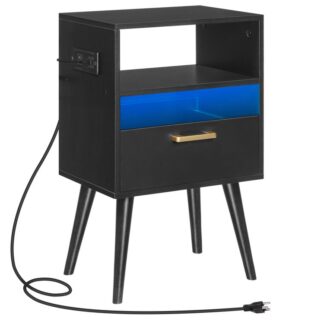 Nightstand with Charging Station and LED Lights, Night Stands with Drawer, End Bedside Table with USB Ports & Outlets, Side Table for Bedroom, LED Nightstands, for Bedroom, Black