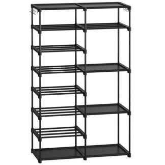 Shoe Organizer, 8-Tier Large Capacity Shoe Rack for Closet, Holds 26-32 Pairs Storage Shelf with Hooks, for Entryway, Closet, Garage, Bedroom, Black