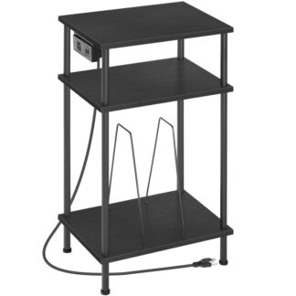 3-Tier Record Player Stand, Vinyl Record Holder with Charging Station, Record Player Table with Storage Shelf, Turntable Stand for Music Room, Living Room, Bedroom, Black