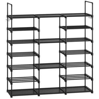 Shoe Rack, 7-Tier Shoe Organizer, Holds 36-40 Pairs Shoe Storage Shelf with Hooks, for Entryway, Garage, Bedroom, Closet, Black
