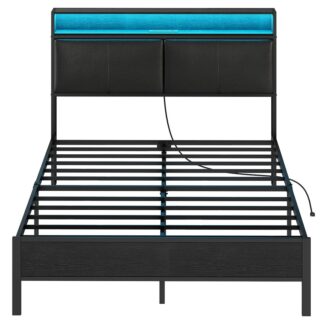 Черная полная рама кровати, Металлическая платформа для кровати с зарядной станцией и светодиодным светом, Изголовье с полками, Никакие пружины не нужны
