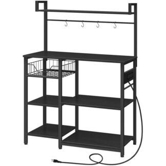 kitchen bakers rack with power outlet, coffee bar, microwave oven stand with mesh basket, coffee station with 4 s-shaped hook, kitchen shelf, for kitchen, living room, black