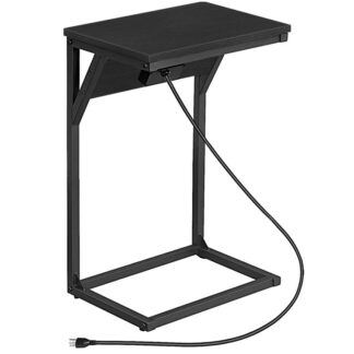 C Shaped End Table with Charging Station, Narrow Sofa Couch Side Table for Small Space, Industrial Bedside Table with Metal Frame for Living Room, Bedroom, Dorm, Black