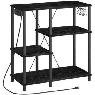 bakers rack with power outlet, microwave stand with 5 s-shaped hooks, coffee bar, kitchen storage shelf, for kitchen, living room, black