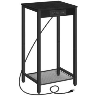 Hoher Beistelltisch mit Ladestation, 28.7" H Industrieller Telefon-Beistelltisch, Kleiner Eingangstisch, Hoher Nachttisch für das Wohnzimmer, Flur, Schlafzimmer, Büro, Schwarz