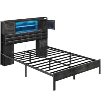 Рамка для каркаса кровати с хранением, Обитая платформа для платформы с зарядной станцией и светодиодными огнями, Рама кровати королевы с хранением, Металлическая поддержка рамки, Никакие пружины не нужны, Черный