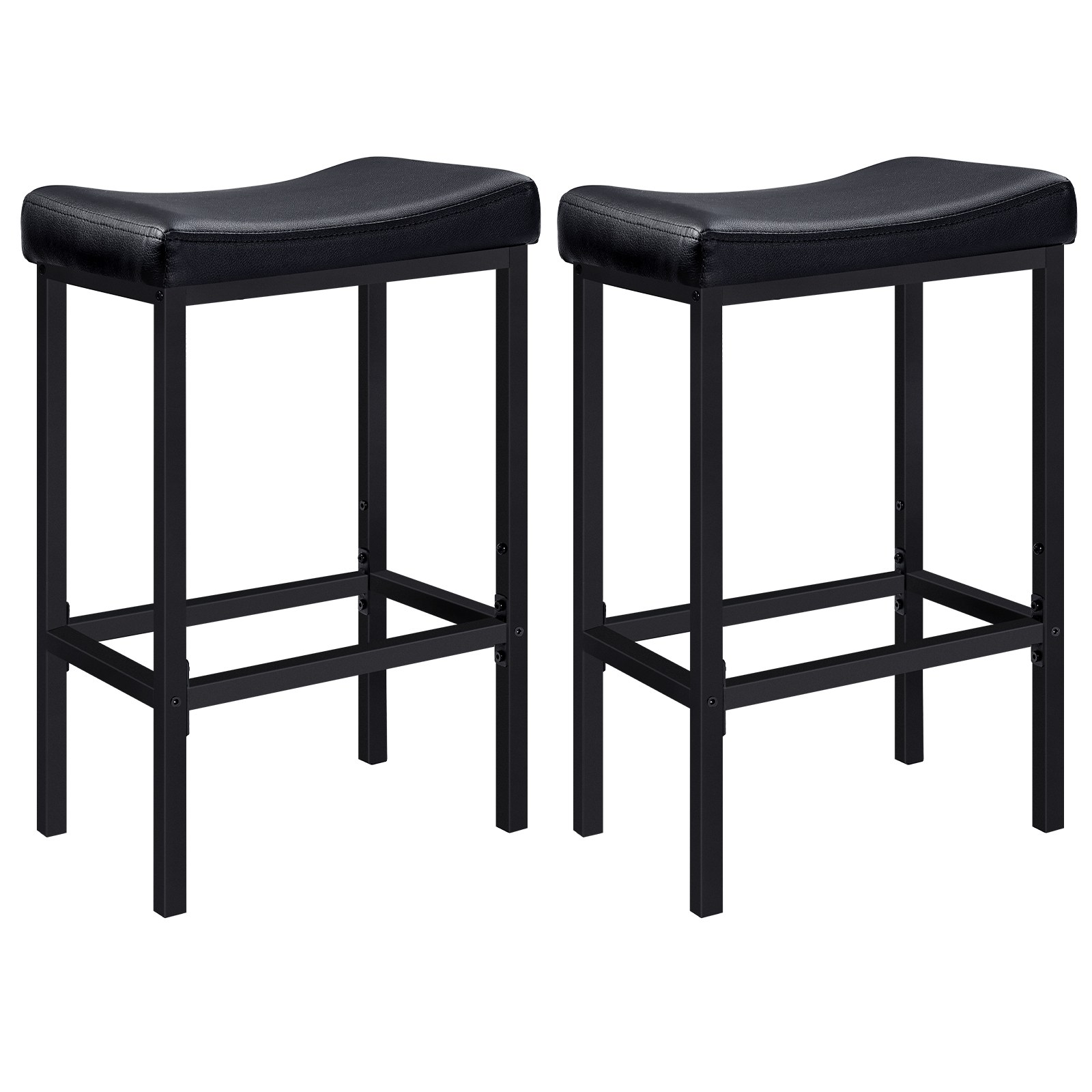 HOOBRO Bar Stools Set of 2, Breakfast Stools Height 63 cm with Footrests, PU Leather Kitchen Chairs, Counter Bar Chairs with Saddle Seat for Dining Room, شريط المنزل, أسود