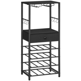 Винный шкаф, 16-Отдельностоящий напольный шкаф для вина для бутылок, Стеллаж для хранения вина с нетканым материалом и крючками, Стол для винной стойки, Барный шкаф для кухни, Столовая, Бар, Черный