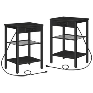 مجموعة الجدول النهائي من 2 مع محطة الشحن ومنافذ USB, 3-منضدة الطبقة مع رف قابل للتعديل, طاولة جانبية ضيقة لمساحة صغيرة في غرفة المعيشة, غرفة نوم وشرفة, أسود