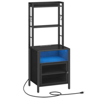 Stolik nocny ze stacją ładującą i oświetleniem LED, Wysoki stół nocny z regulowaną półką z książkami, Stół boczny z szafką do przechowywania, Stofaty nocne do sypialni, ministerstwo spraw wewnętrznych, Czarny