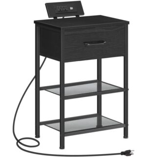 Nattbord med ladestasjon, Sluttbord med USB -porter & Utsalgssteder, Nattbord med stoffskuff til soverommet, Svart