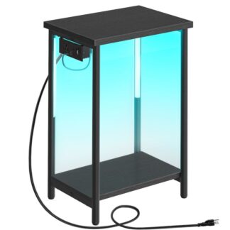 Sidebord med ladestasjon, LED-sluttbord med 2-lags lagringshyller, Liten nattstand, Smalt sidebord for stue, Soverom, Svart
