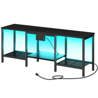 Телевизор с зарядной станцией 55 Дюймы, Ведущий развлекательный центр, Стол консоли медиа -телевизора с открытым стеллажей для хранения для гостиной, Спальня, Черный