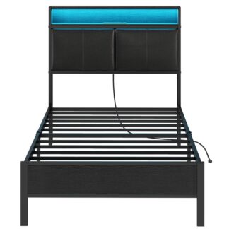 Черная кровать -двойная рама, Металлическая платформа каркас кровати с изголовьем для хранения, Рама кровати со станцией зарядки и светодиодным светом