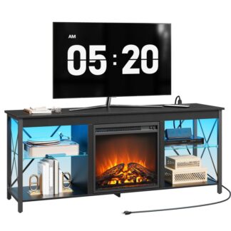 Krbový TV stojan HOOBRO s nabíjecí stanicí a LED světly, TV Stand with Fireplace for TVs up to 65", Zábavní centrum s krbem, Skleněné police, Černý