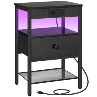 Dorms Black End Table with Charging Station and LED Light, Nightstand with Adjustable Fabric Drawer, Bedside Table with Storage, 3-Tier Side Table for Bedroom