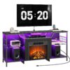 HOOBRO Pejs TV Stand med LED lys, Elektrisk TV stativ med pejs med ladestation, Underholdningscenter med pejs, Medie-tv-konsol, til tv op til 65 Tomme, Sort