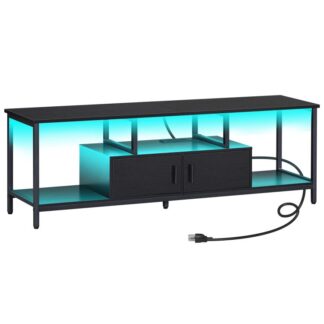 tv stand with led light and power outlets for tvs up to 65 inch, tv media console with double-door cabinet, gaming entertainment center for living room bedroom, black