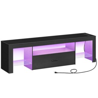 Черный светодиодный телевизор с силовыми розетками 65 дюйм телевизор, Игровой развлекательный центр со стеклянными полками и большим ящиком, Современный СМИ ТВ -консольный стол для гостиной спальни