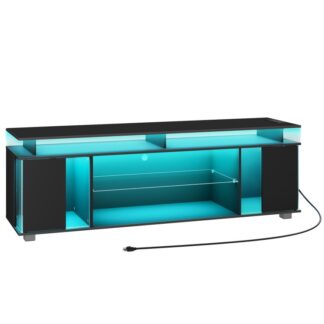 TV Stand with Power Outlet for TV up to 70'', Современный развлекательный центр со светодиодными огнями, Стол консоли медиа -телевизора с шкафами и регулируемой полкой для гостиной, Спальня черная