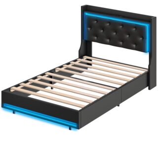 إطار سرير مزدوج مع اللوح الأمامي, إطار سرير منجد مع محطة شحن وضوء LED, إطار منصة المعادن والشرائح الخشبية, لا حاجة إلى بوكس ​​سبرينغز, بلا ضجة, أسود