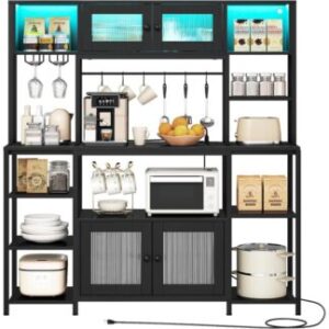 Black Bakers Rack with Power Outlet and LED Light, Industrial Microwave Stand, Coffee Bar Cabinet with Storage, Goblet Holder & 6-S Hooks, Kitchen Storage Shelf with Cabinet