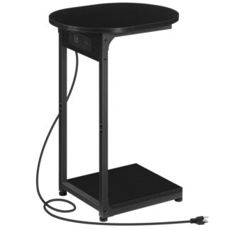 C Shaped End Table with Charging Station, Round Couch Side Table, TV Tray Slide Under Sofa Table with Metal Frame for Small Spaces, Living Room and Bedroom, Black