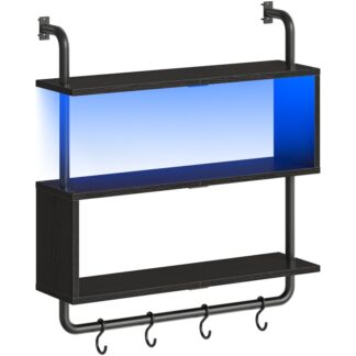 Черные плавающие настенные полки со светодиодными огнями, Стенная стена плавающей полки, установленная для хранения, S Стоят в форме 4 Крючки, Для гостиной, Спальня, Ванная комната, Кухня