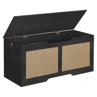 Banc de rangement HOOBRO, 43.3" Toy Box, Coffre de rangement en rotin, Supports de banc d'entrée robustes Coffre à jouetsoy Chest, Charnière de sécurité, Ouverture en forme de U, Assemblage facile, Noir