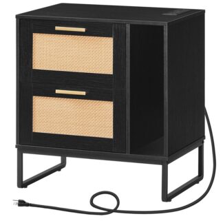 منضدة سوداء, طاولة نهاية مع محطة شحن, الجدول الجانبي مع مقصورة التخزين و 2 أدراج, طاولة أريكة مزرعة مع زخرفة تشبه الروطان, لغرفة النوم, غرفة الجلوس