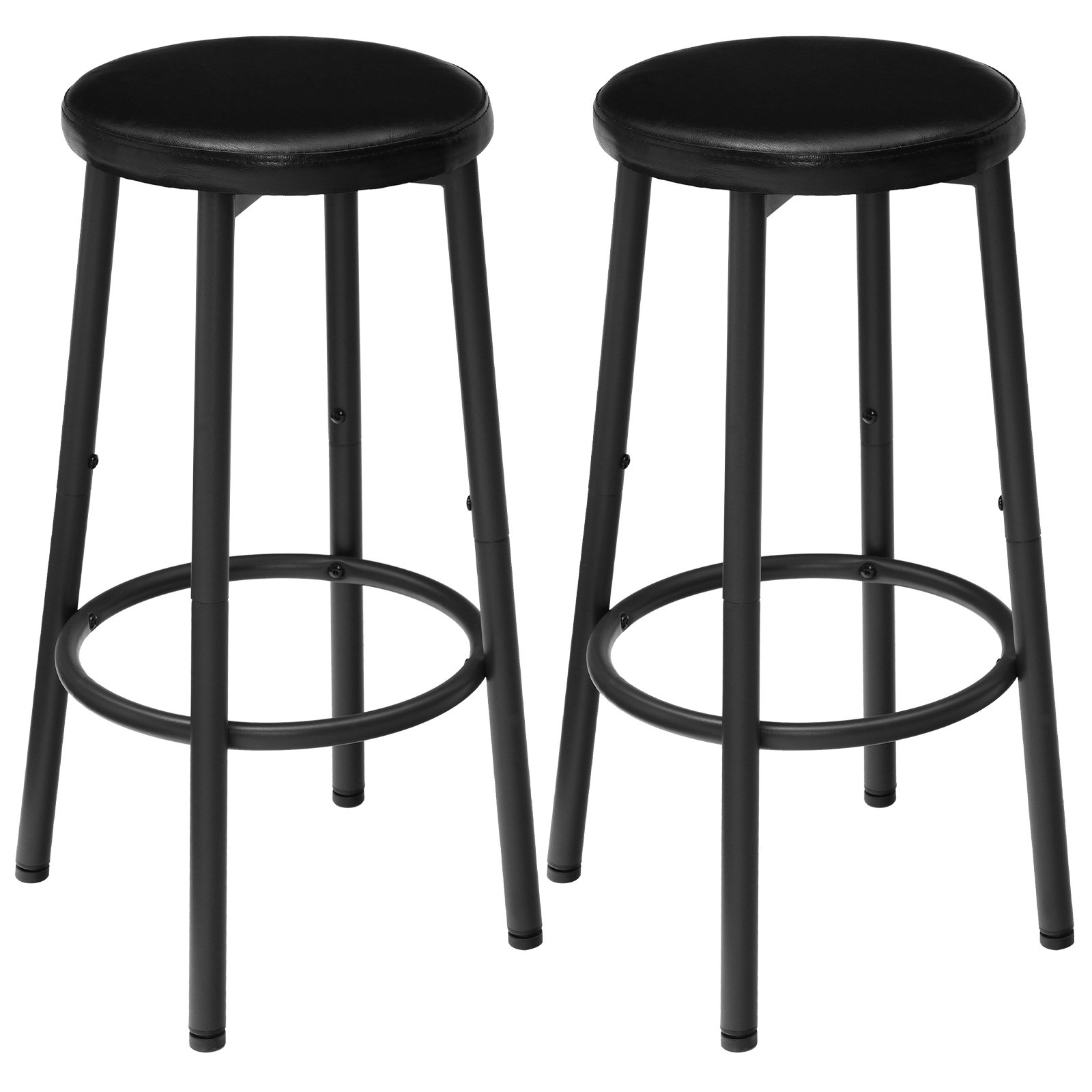 Set vun 2 25.6-Inch PU-Upholstered Bar Stools, Counter Height Seating with Footrest, Heavy-Duty Construction for Kitchen Island, Iesszëmmer & Cafet, Schwaarz Finish