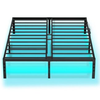 Queen Bed Frame med LED -lys, Metal platform sengestel med ladestation, 2 Outlets og 2 USB-porte, Tung queensize -størrelse seng ramme, Rigelig opbevaringsplads under sengen, Sort