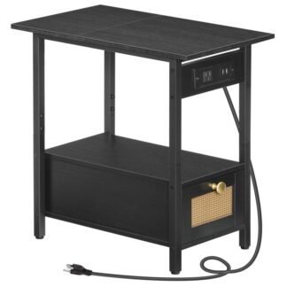 endebord med ladestasjon, smalt sidebord med skuff- og USB -porter & strømuttak, nattbords nattbord for små mellomrom, soverom, stue, svart
