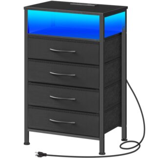 Černý noční stolek s nabíjecí stanicí a LED světlo, Konec stolu s 4 Zásuvky na textilie, BEDSIDE STABLE S PŘÍBĚHY A USB, Noční stojan pro ložnici