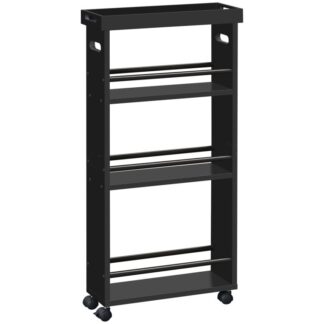 4-Carrinho de armazenamento fino de camada com rodas, Carrinho de cozinha rolante de bambu com bandeja removível, Carrinho de lavanderia com organizador de prateleiras abertas para pequenos espaços no quarto, cozinha, lavanderia, preto