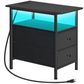 Černý úzký boční stůl s LED světlem a port USB C, Noční stojan s nabíjecí stanicí, Skinny koncový stůl s 2 Zásuvky na textilie, pro Ložnici, Obývací pokoj