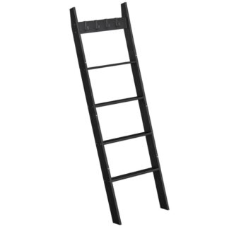 blanket ladder, wall leaning 5 ft blanket rack, 5 tier farmhouse ladder shelf, towel rack, decorative quilt rack, removable hooks, living room, bedroom, bathroom, black