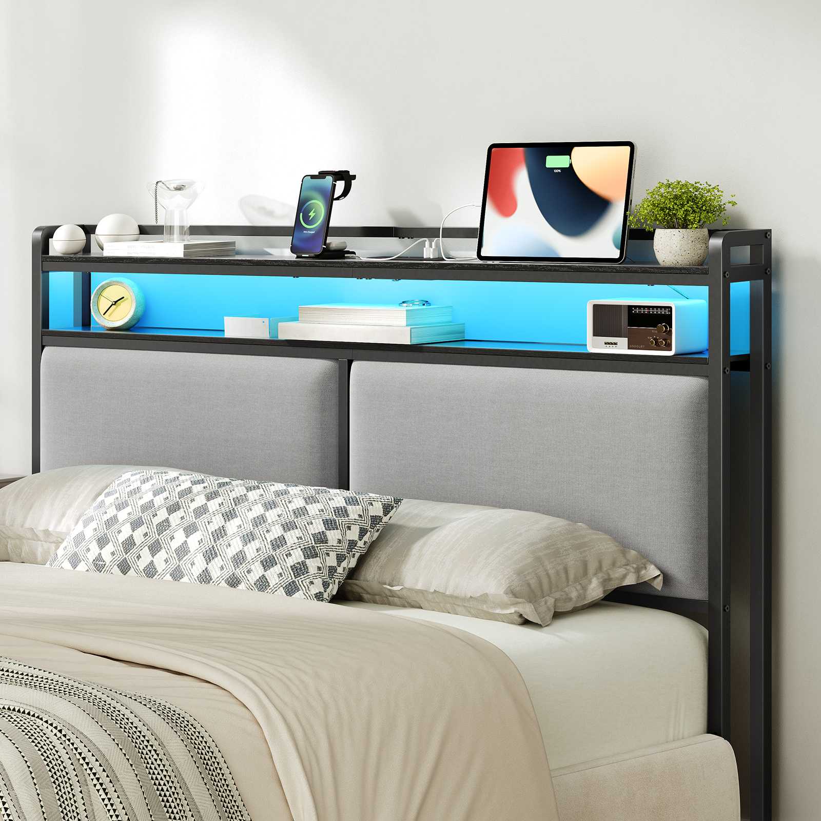 Queen-Size Upholstered Headboard with Integrated Charging Station & إضاءة LED قابلة للتعديل, 2 منافذ التيار المتردد & 2 منافذ يو اس بي, Double-Tier Storage Design, تجميع سهل, أسود & Gray Finish