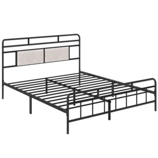 Железная кровати, Каркас кровати размера «queen-size», Тяжелая металлическая рама кровати, С обивкой изголовья, Беззвучный, Никакие пружины не нужны