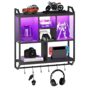 Black Gaming Floating Shelves, Wall Mounted Hanging Shelf with LED Lights, 4-Tier Display Rack for Wall Storage, Floating Storage Rack with 6 S-Hooks, for Gaming Room