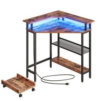 Угловой стол, Игровой стол с зарядной станцией и светодиодной лентой, 90 Угловой компьютерный стол, Держатель для мобильного ПК, Регулируемая сетчатая полка, для небольшого помещения/домашнего офиса, Деревенский коричневый и черный