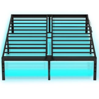 Fuld seng ramme med LED -lys, Metal platform sengestel med ladestation, 2 Outlets og 2 USB-porte, Tungt i fuld størrelse sengetramme, Rigelig opbevaringsplads under sengen, Sort